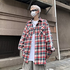 高街格子衬衫外套男女潮设计感宽松慵懒风长袖衬衣1314-P43，男装衬衫，星座910-5