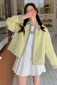 现货韩版时尚假两件短外套女洋气春秋季新款小个子显瘦工装夹克图片