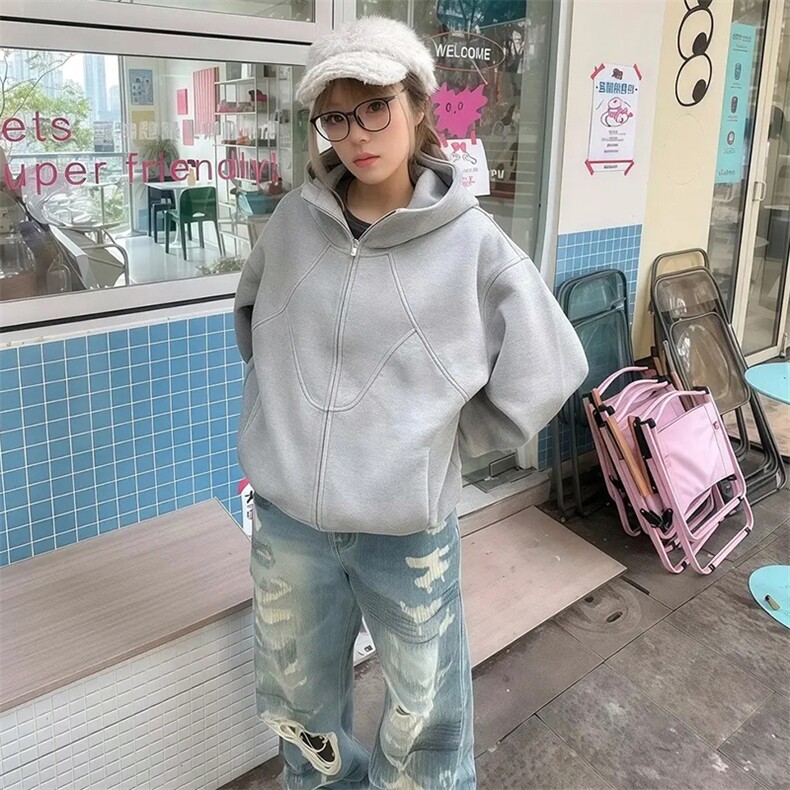 抖音得物高品质二开26春装美式高街重磅结构高领连帽卫衣外套W62,女装短外套,电商A486-1