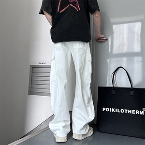 楼梯景 100棉新款工装裤白色弯刀牛仔裤潮流男裤长期有货 556P55图片