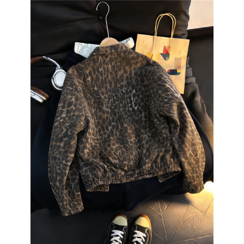 美式豹纹牛仔夹克男女春秋垫肩小众欧美翻领设计感短款宽松外套潮,男装夹克,星座302B