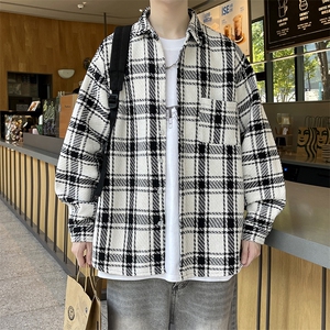 外套秋冬港风男大码小香风衬衫夹克宽松毛呢格子长袖衬衣/854p55图片