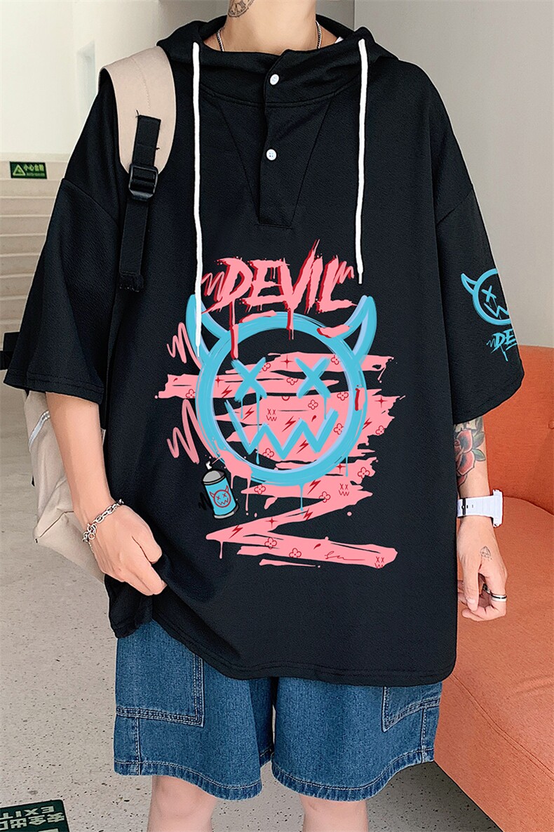 LD54178-P45连帽短袖t恤男大码胖子带帽五分袖中袖,男装T恤,电商A040