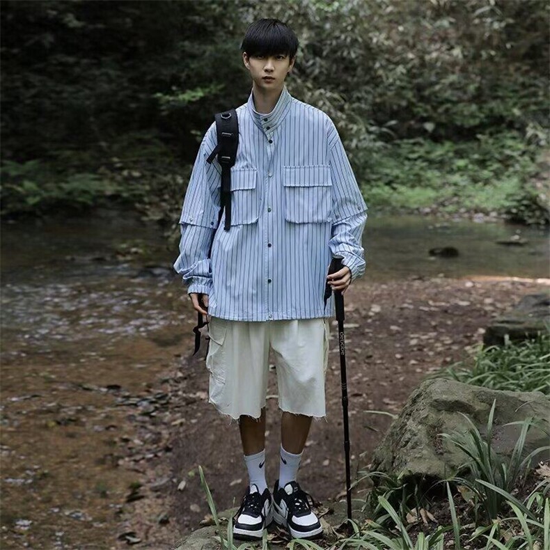 DH208-P55条纹衬衫男夏季2025新款高级感潮牌长袖衬衣痞帅潮流,男装衬衫,星座603-2