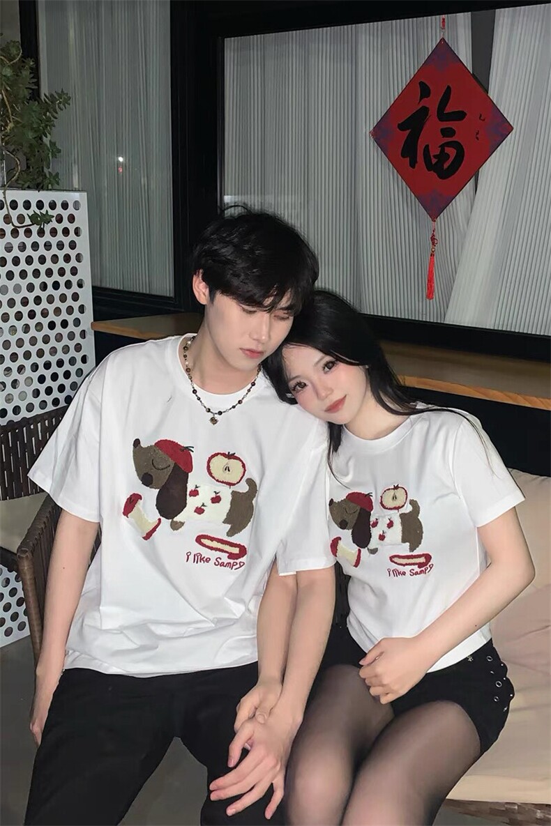（数据款）小狗刺绣情侣短袖T恤1015-T491-P50（短款T491-1/P45）,男装T恤,四季星座1015