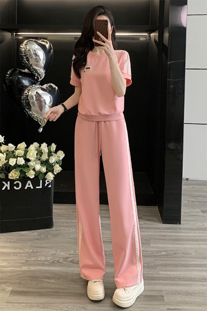 女夏季欧货高端纯色时尚运动休闲套装短袖上衣高腰阔腿长裤两件套,女装套装/套裙,江南