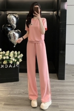 女夏季欧货高端纯色时尚运动休闲套装短袖上衣高腰阔腿长裤两件套，女装套装/套裙，江南