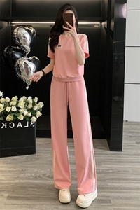 女夏季欧货高端纯色时尚运动休闲套装短袖上衣高腰阔腿长裤两件套图片