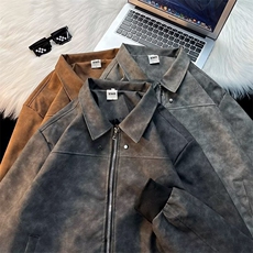 PU皮美式复古铆钉夹克男春秋款翻领棒球服美拉德情侣皮衣外套，男装夹克，星座601-2