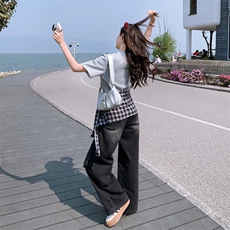 2025夏季新品休闲时尚潮流针织上衣披肩牛仔裤三件套，女装连衣裙，1C078