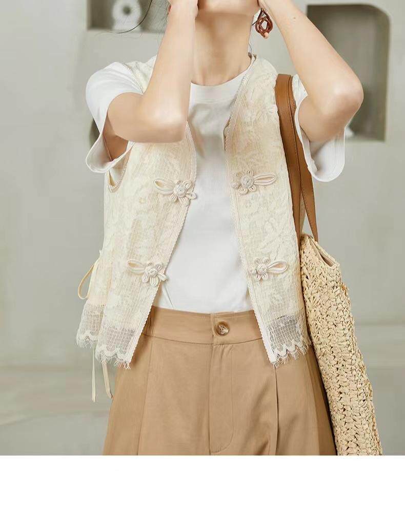 现货夏新款复古盘扣蕾丝马甲，女装马甲，觅处