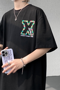 潮牌短袖T恤花绘刺绣设计感T恤美式复古刺绣立体短袖T恤半袖 P50图片