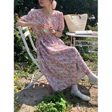 新款洋气小方领花朵爱心森系小清新连衣裙，女装连衣裙，L·H·X