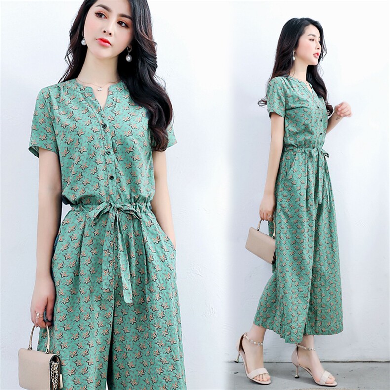 连体裤女夏2024新款韩版宽松收腰显瘦休闲棉麻碎花阔腿连衣裤，女装连衣裙，木橙西子