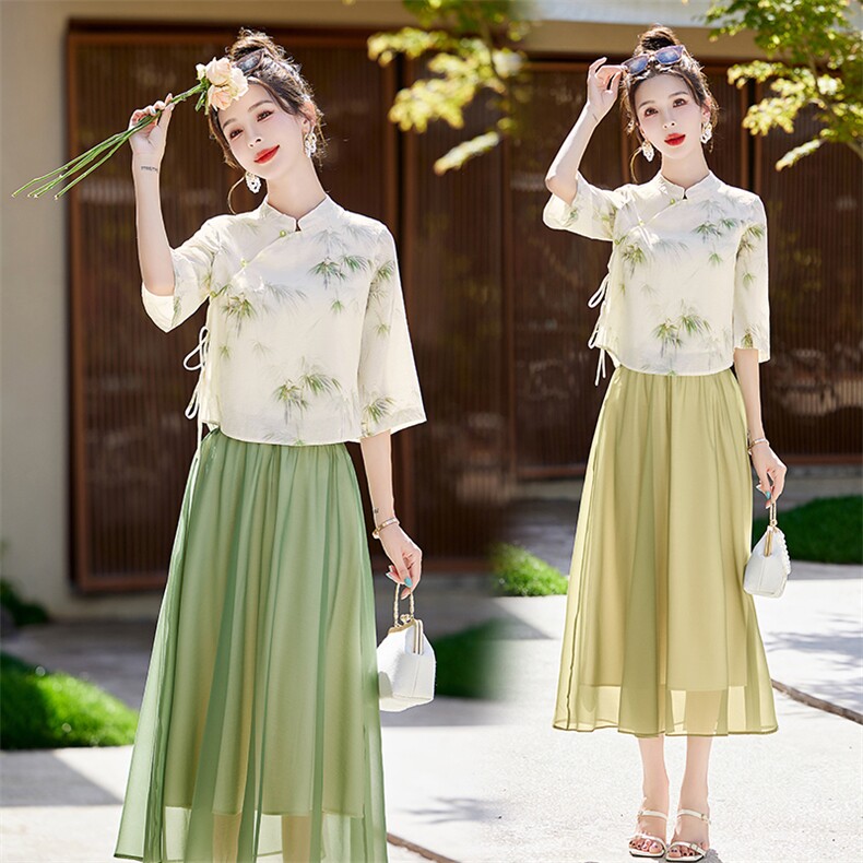 新中式国风改良旗袍套装连衣裙女装2025新款夏季上衣半身裙两件套，女装套装/套裙，鑫鑫美