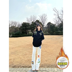 抖音得物高品质秋冬季重磅花卉刺绣潮流运动宽松加绒直筒休闲卫裤，男装休闲裤，电商A486-1