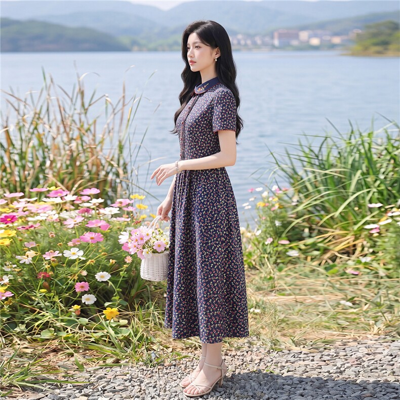 田园风碎花刺绣连衣裙女春夏收腰显瘦中长裙,女装连衣裙,水衣源