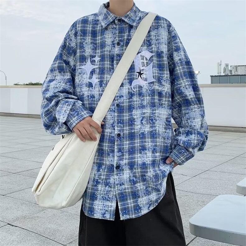 高街vibe风刺绣扎染格子衬衫男女潮复古小众宽松工装外套HC77-P43,男装衬衫,星座1008