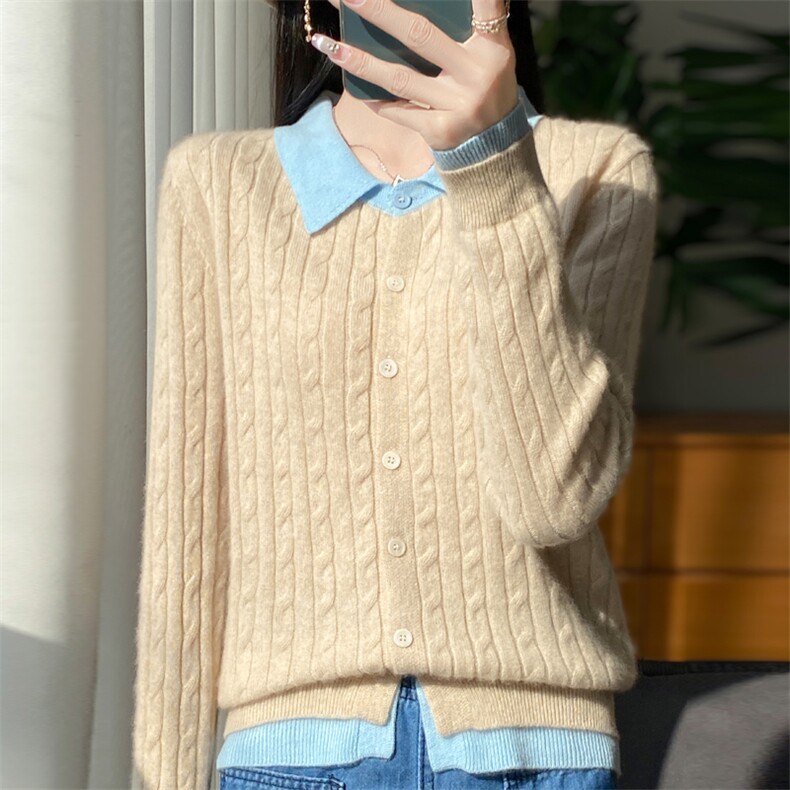 女士假两件开衫秋冬保暖简约休闲舒适羊毛,女装羊毛衫,昭美羊绒