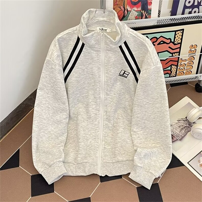 潮条纹卫衣夹克男女同款秋季宽松休闲拼接美式复古外套J65/P50图片