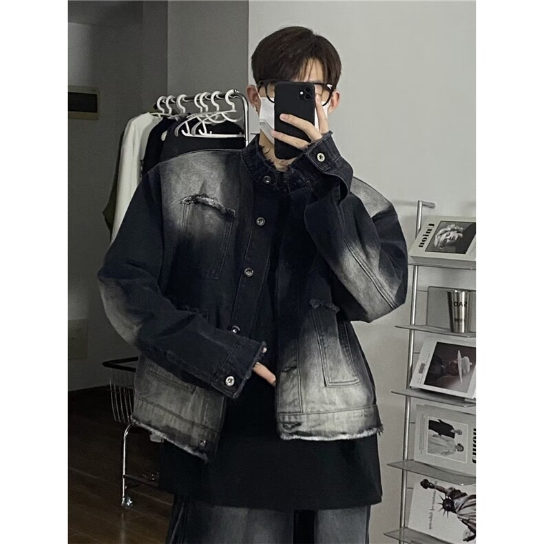 美式复古牛仔外套春秋新款设计感小众宽松百搭夹克上衣，男装工装外套，星座506A