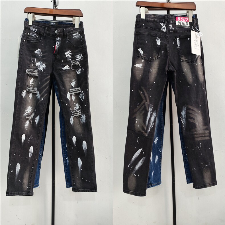 1506/QM9150/P59黑灰色水洗刮烂补丁油漆涂鸦弹力修身牛仔裤,男装牛仔裤,星座1506