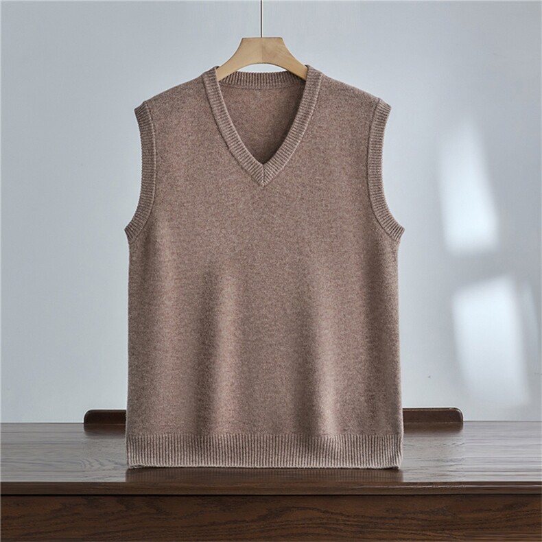 秋冬新款男士100澳洲羊毛七针加厚针织无袖套头v领背心时尚百搭，男装针织衫/毛衣，达齐羊绒