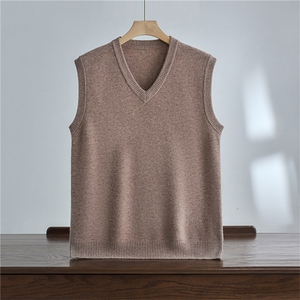 秋冬新款男士100澳洲羊毛七针加厚针织无袖套头v领背心时尚百搭，男装针织衫/毛衣，达齐羊绒