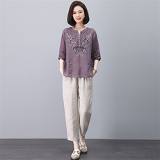 纯苎麻套装女2024新款刺绣夏装搭配一整套中年妈妈刺绣休闲两件套，女装套装/套裙，忆绮罗