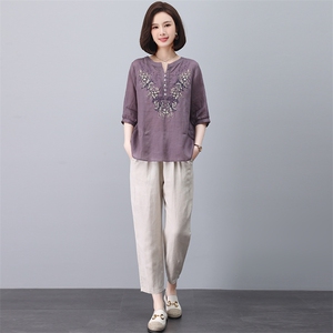 纯苎麻套装女2024新款刺绣夏装搭配一整套中年妈妈刺绣休闲两件套，女装套装/套裙，忆绮罗