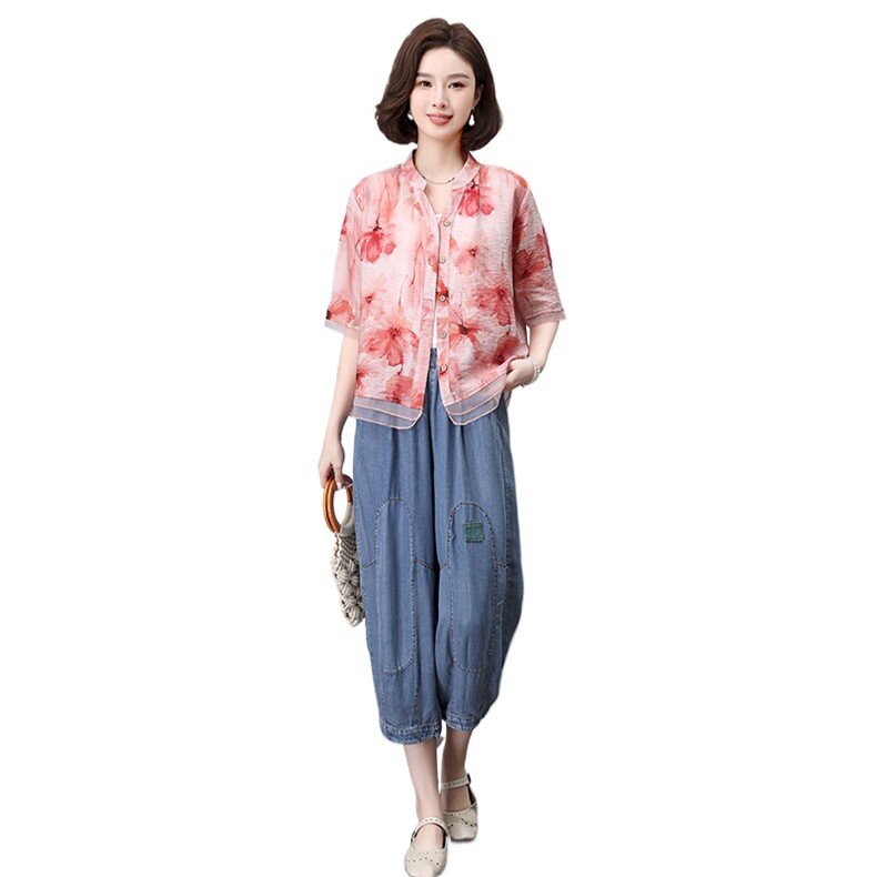 优雅复古印花短袖上衣+宽松牛仔裤套装女夏装新款时尚两件套,女装套装/套裙,叶笙衣