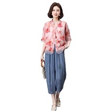 优雅复古印花短袖上衣+宽松牛仔裤套装女夏装新款时尚两件套，女装套装/套裙，叶笙衣