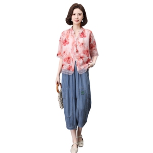 优雅复古印花短袖上衣+宽松牛仔裤套装女夏装新款时尚两件套图片