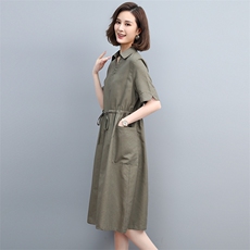 夏季棉麻中长连衣裙V领宽松显瘦系带真口袋咖啡中年妈妈大码裙子，女装连衣裙，丽影随形