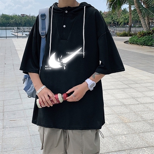 LD54111-P45 连帽短袖t恤男大码胖子带帽五分袖中袖图片