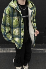 WY10097-P55加绒P65冬季撞色格子连帽大码休闲百搭卫衣外套男，女装短外套，电商A059