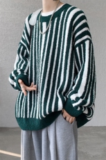 现货条纹慵懒风圆领套头宽松加厚毛衣针织衫MY7136-特批70，男装针织衫/毛衣，电商A059