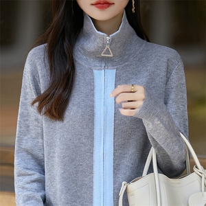 韩系高级感洋气拼色针织拉链开衫外套女小众设计休闲百搭毛衣外搭图片