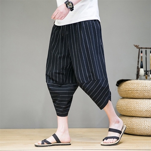 现货2025男大码透气休闲哈伦裤青年夏季新款七分亚麻裤,iu穿搭嘻哈图片