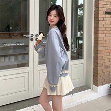 蓝色蕾丝花边棒球服外套女2025春季新款韩系学院风减龄小个子上衣，女装短外套，维壹