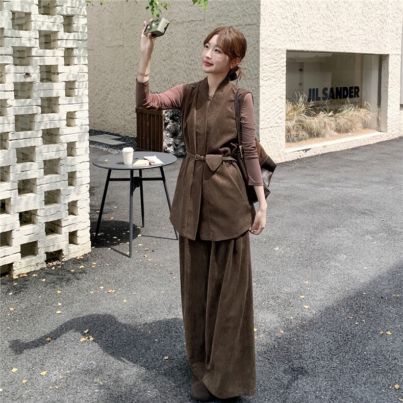 咖色时尚麂皮绒套装女时髦范收腰上衣2025年秋季新款阔腿裤两件套,女装套装/套裙,2C327