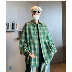 扎染格子长袖衬衫男2024春秋季新款潮牌宽松休闲衬衣外套C155/P38，男装衬衫，星座506