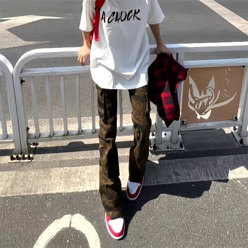 美式高街vibe迷彩裤子男款夏季弹力软牛仔裤显瘦显腿长微喇工图片