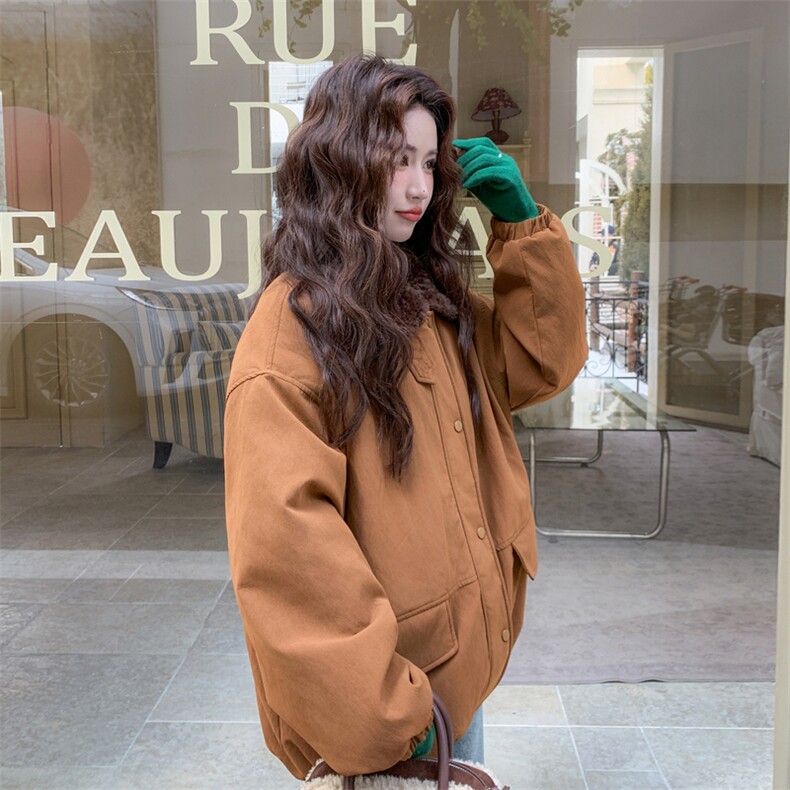 现货新款翻领时尚洋气加绒加厚鹿皮绒外套棉服上衣女,女装棉衣/棉服,韩然一族