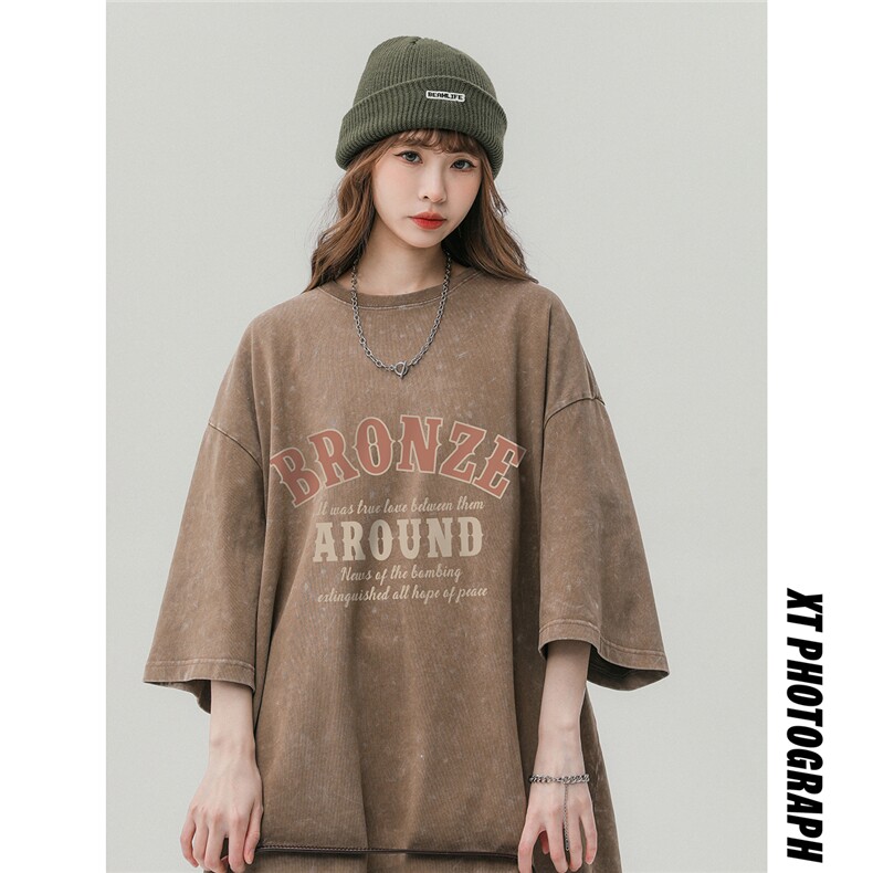 中性23夏季新款复古字母印花水洗做旧纯短袖T恤DT1007P38控58，男装T恤，A247A