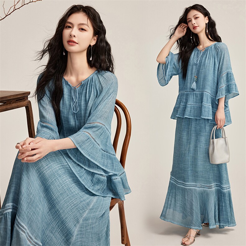 现货闺舍2025夏季新款韩版宽松慵懒风设计感女百搭时尚休闲连衣裙，女装套装/套裙，央宝儿