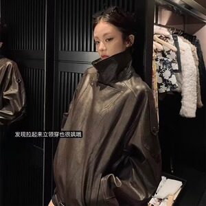 美式美拉德复古做旧工艺棕色皮衣街头腔调高级感皮衣外套女图片