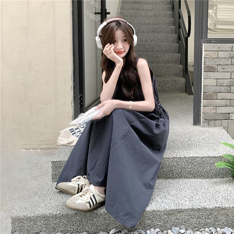 简约休闲显瘦背心连衣裙女2025年夏季新款韩系收腰无袖百搭长裙子，女装连衣裙，琦鑫阁（原依鑫阁）