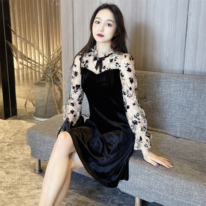 2021春季新款时尚优雅气质花边领拼接显瘦连衣裙,女装连衣裙,深水步