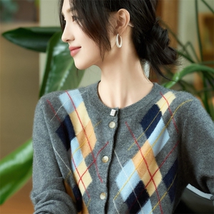 法式100%纯羊毛针织开衫女2025秋冬新菱形格百搭毛衣小外套上衣图片